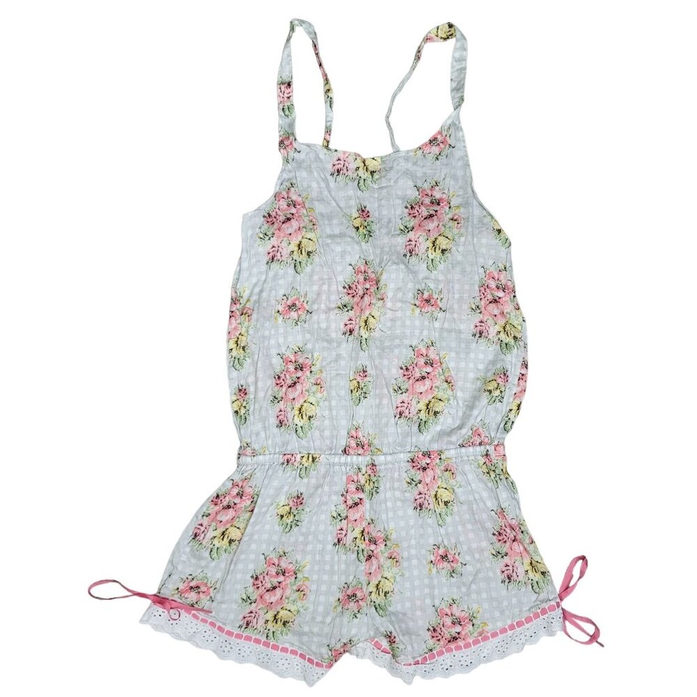 Jessie Steele Floral lace trim bow cottage core Romper S Cotton Pink & Green